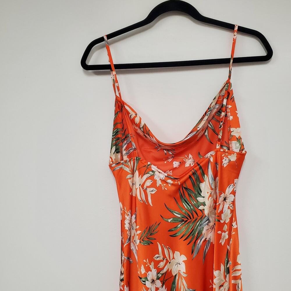 Paper Heart Silky Maxi Dress M Orange Floral Cowl Neck High Slit Garden Party - Picture 6 of 16
